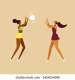 Idea for summer poster. Beautiful young girls playing volleyball on the beach. Female fun character. Vector cartoon illustration, flat design, isolated 