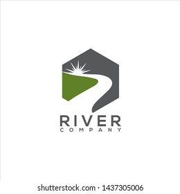 the idea of a sun logo and river