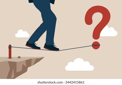 Idea de apoyo y asesoramiento. Equilibrio entre hombre de negocios, cuerda, signo de interrogación.
