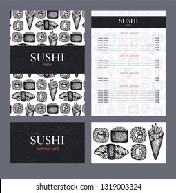 Idea of sushi menu and business card. Japanese food. Black hand-drawn silhouettes. Stylish concept. Vector.