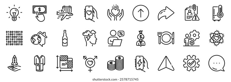 Idea, Swipe up and Hold heart line icons pack. Share, Message, Paper plane icons. Work home, Manager, Floor plan web icon. Refrigerator, Dating app, Restaurant food pictogram. Vector