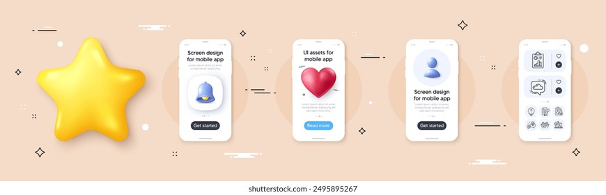 Idea, Swipe up and Online chemistry line icons pack. Phone screen mockup with 3d bell, star and placeholder. Inspect, Feather signature, Report web icon. Vector