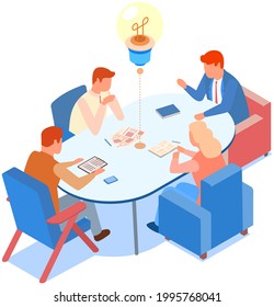 Idea symbol in form of lightbulb. Colleagues communicate and discuss startup during meeting in office. Businesspeople are planning business idea. Planning startup, lightbulb as symbol of new project