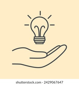 Idea symbol. Hand holding lightbulb icon. Editable stroke. Simple linear vector illustration
