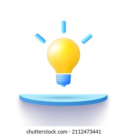 Idea symbol. Light bulb on blue podium in 3d cartoon minimal style. Vector illustration.