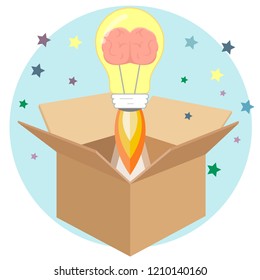 idea symbol lightbulb with brain comes out of a box  flat design icon isolated on white background 