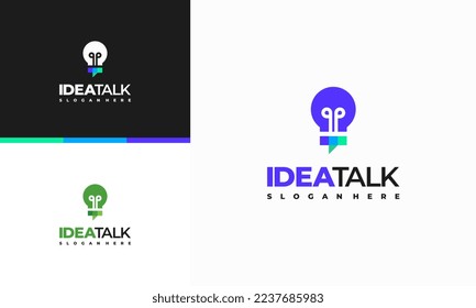 Idea Talk Logo diseña el vector del concepto, icono de la plantilla de logotipo Discusión Chat y Bombilla