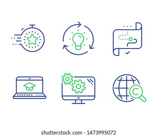 Idea, Target path and Website education line icons set. Timer, Settings and International Ð¡opyright signs. Lightbulb, Business aim, Video learning. Deadline management. Science set. Vector