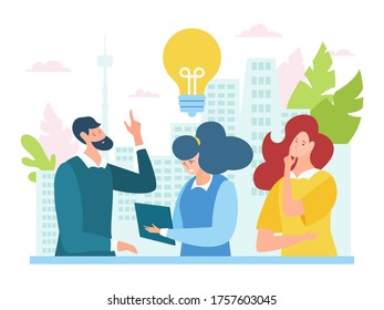 Idea teamwork brainstorming at meeting concept, vector illustration. Business people character work at company corporate strategy. Man woman conversation about idea, think and make notes.