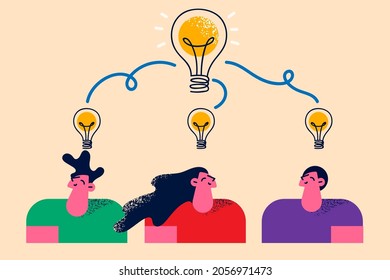 Idea, teamwork and creativity concept. Group of Young smiling business people coworkers thinking together having great idea on minds vector illustration