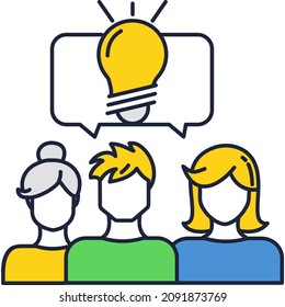 Idea and teamwork icon. Vector people collaborate communicate together under lightbulb lamp design. Creative innovative solution development, cooperation, communication, brainstorm and coworking