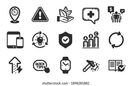 Idea, Teamwork and Medical chat icons simple set. Full rotation, Smartwatch and Timer signs. Organic product, Graph chart and Security shield symbols. Flat icons set. Vector