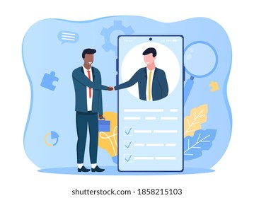 Idea of teamwork and outsourcing. Concept of a company employing another organization to do some of its work, rather than using its own employees. Flat cartoon vector illustration.