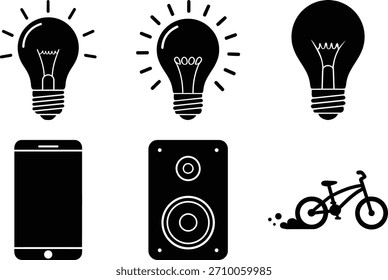 Idea, tecnología, transporte iconos: bombilla, smartphone, altavoz, símbolos de la bici. aislado en el fondo blanco, Vector