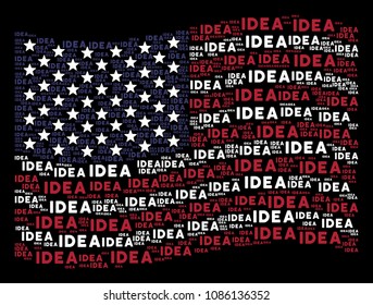 Idea text items are organized into waving American flag abstraction on a dark background. Vector concept of American state flag is constructed from idea text items.