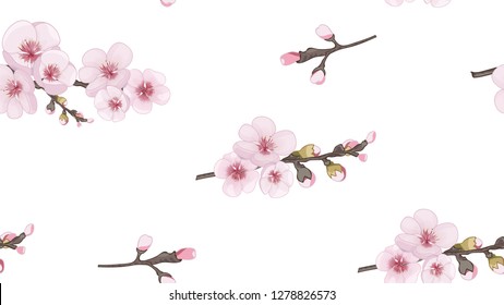 The idea of textile design, wallpaper, packaging, printing. Handmade Seamless pattern in the Japanese style. Festive pattern of sakura flowers. Pink on white fond.
