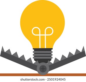 Robo de ideas y bombilla cara. Fraude y fracaso empresarial. Préstame la metáfora de la trampa. Ilustración vectorial plana.

