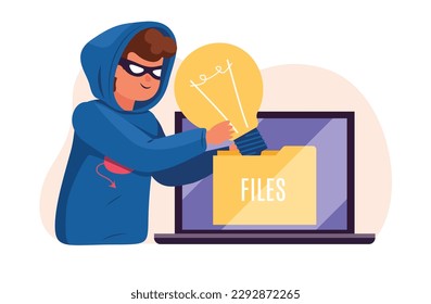 Idea theft, plagiarism, man in mask stealing light bulb idea from another owner. Hacker works on laptop. Anonymous criminal, intellectual property. Cartoon flat isolated vector concept