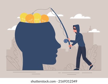 Idea thief concept. Man with fishing rod steals light bulbs from abstract head silhouette. Copyright protection. Robber or scammer on internet, online crime. Cartoon flat vector illustration