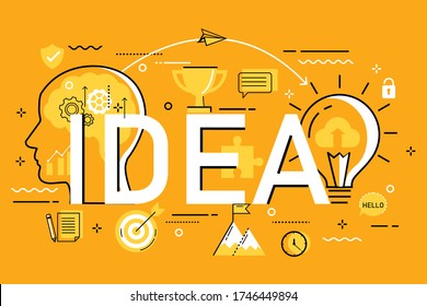página web de banner de línea delgada de idea. diseño de fondo amarillo de la plantilla de la bombilla de luz. el pensamiento cerebral de elemento abstracto para el éxito. diseño plano de esquema de ilustración vectorial. el concepto de negocio y creatividad.