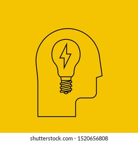 Idea. Thin line icon of the human head silhouette with bulb lamp inside. New idea icon concept. Vector illustration