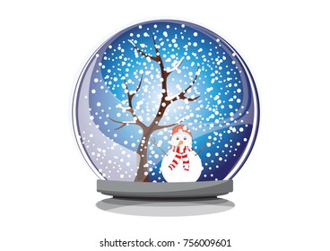 Idea and think concept,Crystal ball with Snowman tree and snow inside isolated on white background, ornamental backdrop. Design element for prints, decor, textile, web,vector.