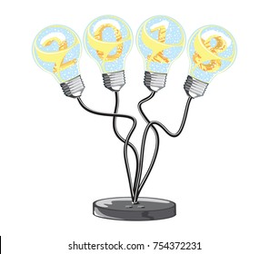 Idea and think concept,lamp Light bulb with Number  inside isolated on yellow and curve line texture on background, ornamental backdrop. Design element for prints, decor, textile, web,vector.