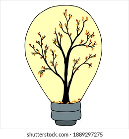 Idea y concepto de pensamiento, bombilla de luz con estación FALL en el interior aislado y textura de línea curva en el fondo, fondo decorativo. Elemento de diseño para impresiones, decoración, textiles, internet, vector.