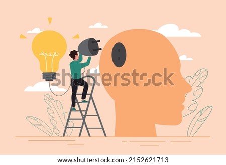 Idea thinking concept. Man puts light bulb plug into head. Metaphor of creative personality, insight and brainstorm. Character breaks out of mental dead lock. Cartoon flat vector illustration