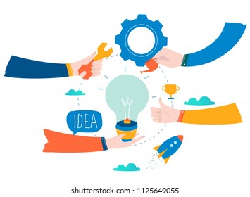 Idea, thinking, content development, brainstorming, creativity, project and research, creative soutions, learning and teamwork flat design for mobile and web graphics vector illustration
