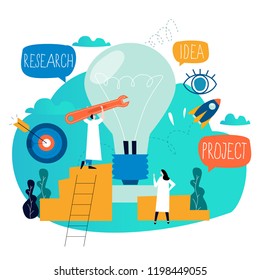 Idea, thinking, content development, brainstorming, creativity, project and research, creative soutions, learning, education flat design for mobile and web graphics vector illustration