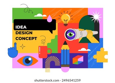 Idea, thinking out of the box, creativity and design background, banner, poster. Geometrical style vector design with light bulb, brain, pencil. Colorful concept illustration