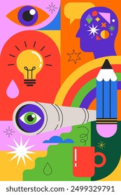 Idea, thinking out of the box, creativity and design background, banner, poster. Geometrical style vector design with light bulb, brain, pencil. Colorful concept illustration