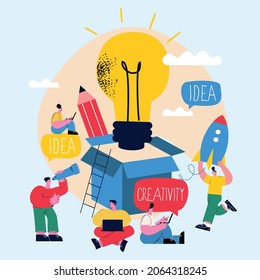 Idea, thinking outside the box, content development, brainstorming, creativity, project and research, creative soutions, learning,education flat design for mobile and web graphics vector illustration