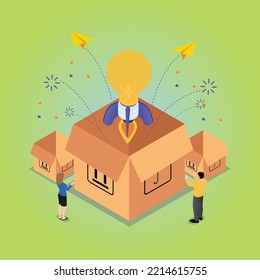 Idea, thinking outside the box isometric 3d vector illustration concept for banner, website, illustration, landing page, flyer, etc.