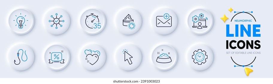 Idea, Time Management und Hook Line Icons für Web App. Pack of Dog Fütterung, Online-Job, Timer Piktogramm Icons. Rabatte Band, Sonnencreme, Kontrollzeichen für die Umfrage. Cursor, Herz, Neue Post. Vektorgrafik