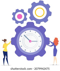 Idea of time management, planning schedule and deadline. Workflow of business manager concept. Women dealing with time management, deadline, settings, maintenance. People near gears and clocks