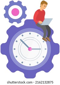 Idea de la gestión del tiempo, el calendario de planificación y la fecha límite. Flujo de trabajo del concepto de gerente de negocio. Hombre que se ocupa de la gestión del tiempo, el plazo, los ajustes, el mantenimiento. Personas cercanas a los engranajes y relojes