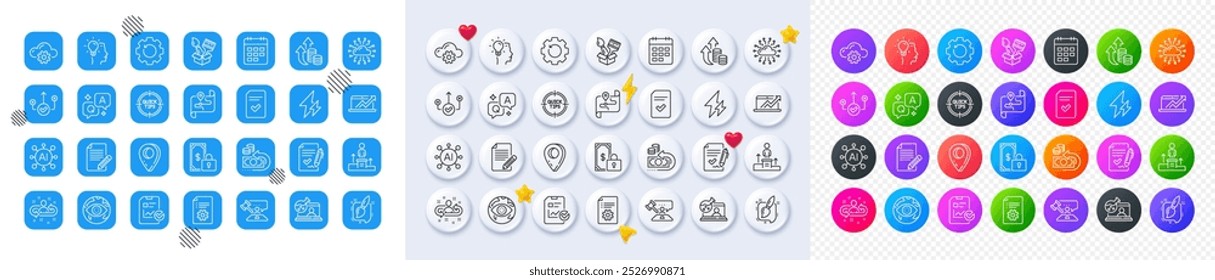 Idea, Tips and Cloud computing line icons. Square, Gradient, Pin 3d buttons. AI, QA and map pin icons. Pack of Electricity, Checked file, Technical documentation icon. Vector