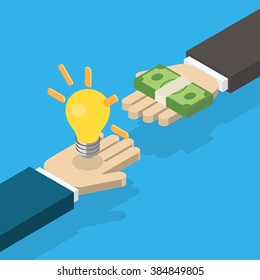 Idea trading for money concept. One hand holding light bulb and other hand offers money. Isometric vector illustration
