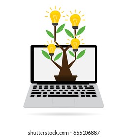 Idea tree with idea light bulb on computer laptop with internet online. Vector illustration online internet business idea concept design.