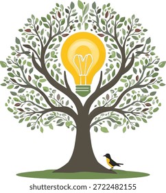 A árvore de ideias: uma ilustração vívida de uma árvore de ideias com lâmpada de luz