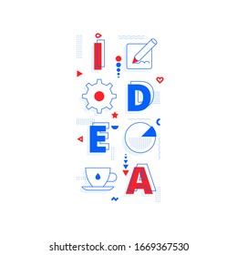 Idea. Trendy modern geometric font in memphis style. Vector poster template with typography and outline icons. Design element for booklet, banner, covers for business success, brainstorm and solution