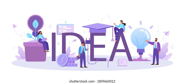 Idea typographic header. Creative innovation and brainstorm. Solution generation and inspiration. Light bulb as metaphor. Isolated flat vector illustration