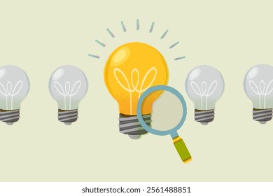 Idea under review concept. Lightbulbs and hand with magnifier.