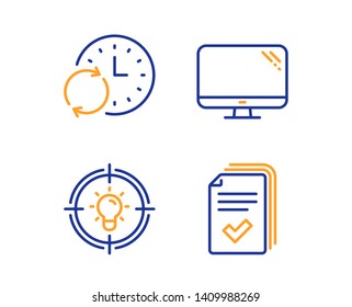 Idea, Update time and Computer icons simple set. Handout sign. Solution, Refresh clock, Pc component. Documents example. Science set. Linear idea icon. Colorful design set. Vector