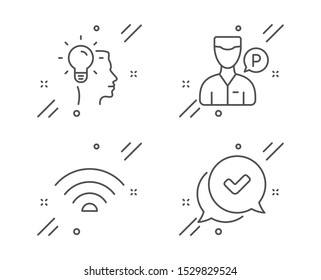 Idea, Valet Servant And Wifi Line Icons Set. Approved Sign. Professional Job, Parking Man, Wi-fi Internet. Chat Message. Business Set. Line Idea Outline Icon. Vector