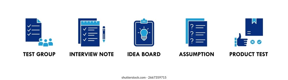Ideenvalidierung Banner Web-Symbol-Illustration Konzept mit Symbol der Testgruppe, Interview Note , Idee Board, Annahme und Produkt-Test