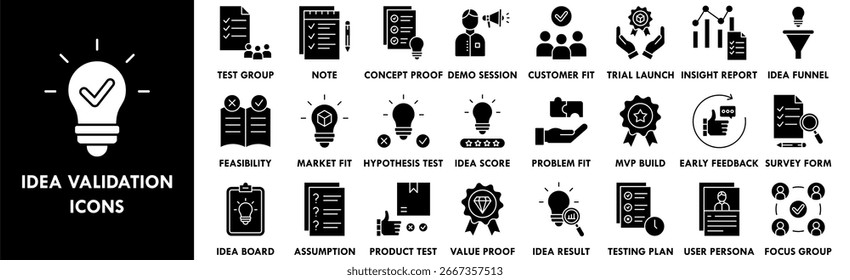 Idea Validation icon collection set. Containing design success, business, idea, strategy, development, validation