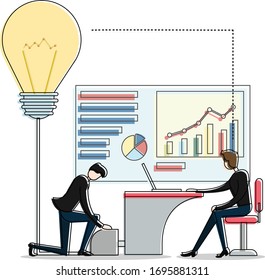 Idea vector concept with businessman typing on his laptop which being connected to the big bulb by another man, isolated in white background with business charts
